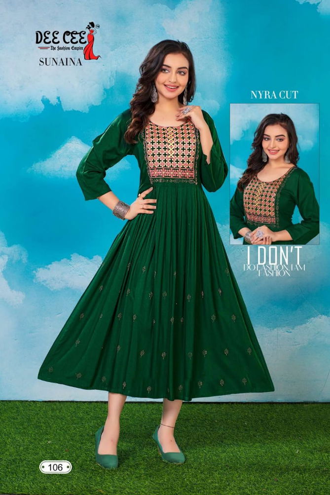 Sunaina By Deecee Rayon Naira Cut Embroidery Kurtis Catalog